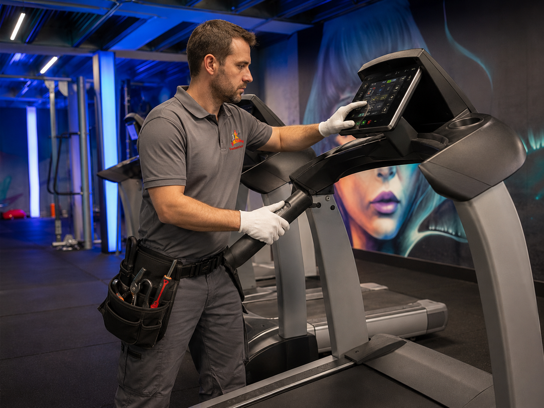Man adjusting a treadmill console in a gym, with a blue-lit interior and large display screens.