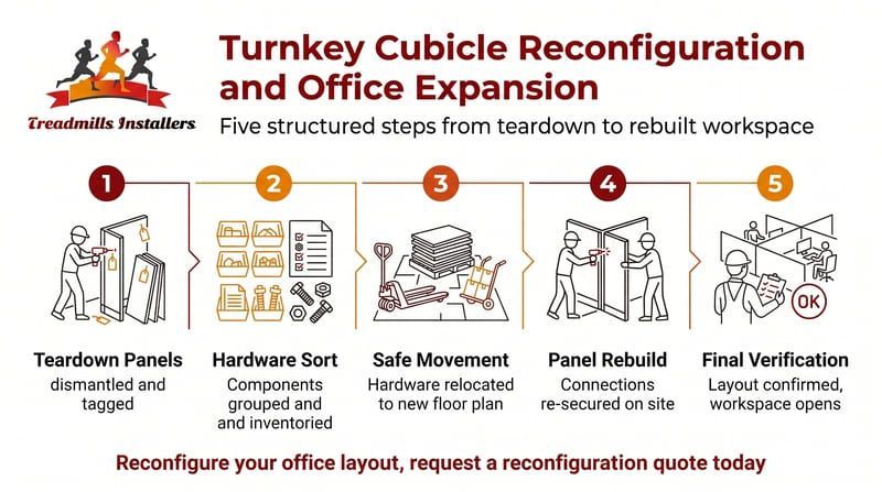 Infographic of five steps for cubicle teardown and office reconfiguration, with icons and orange accents
