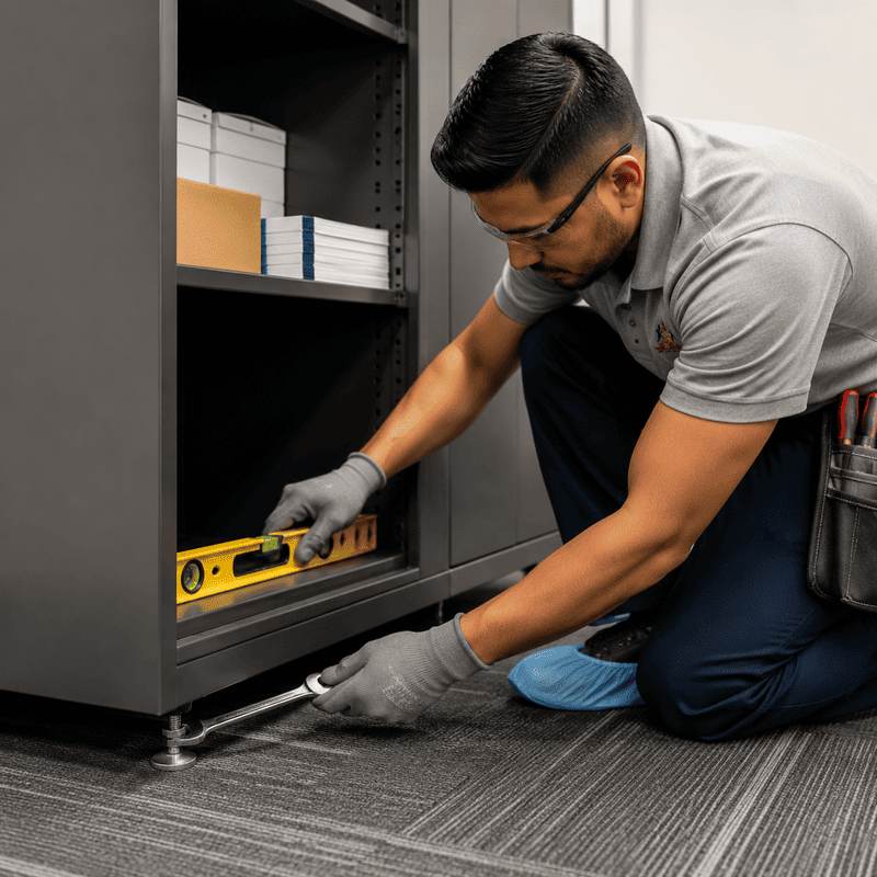 Worker in gray shirt using a level to align a metal cabinet on a carpeted floor.