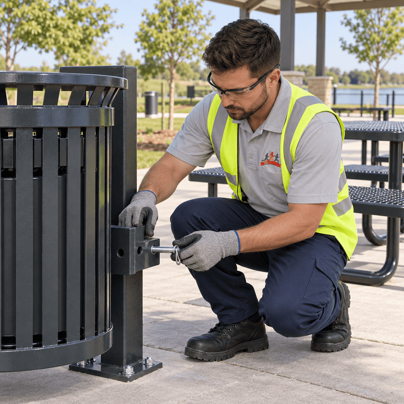 Worker in a reflective vest fixing a trash can in an outdoor park pavilion