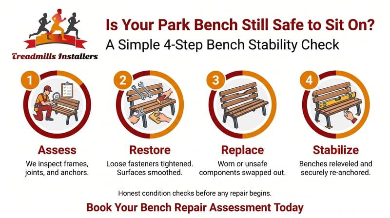 Bench safety check poster with four steps: assess, restore, replace, and stabilize a park bench