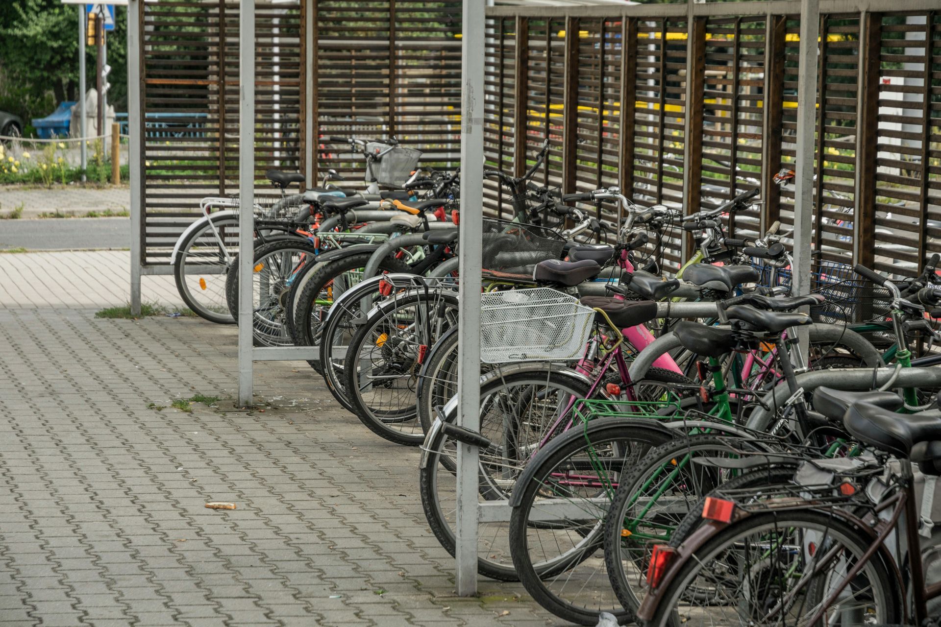 Rows of parked bicycles under a metal shelter on a paved bike rack area.
