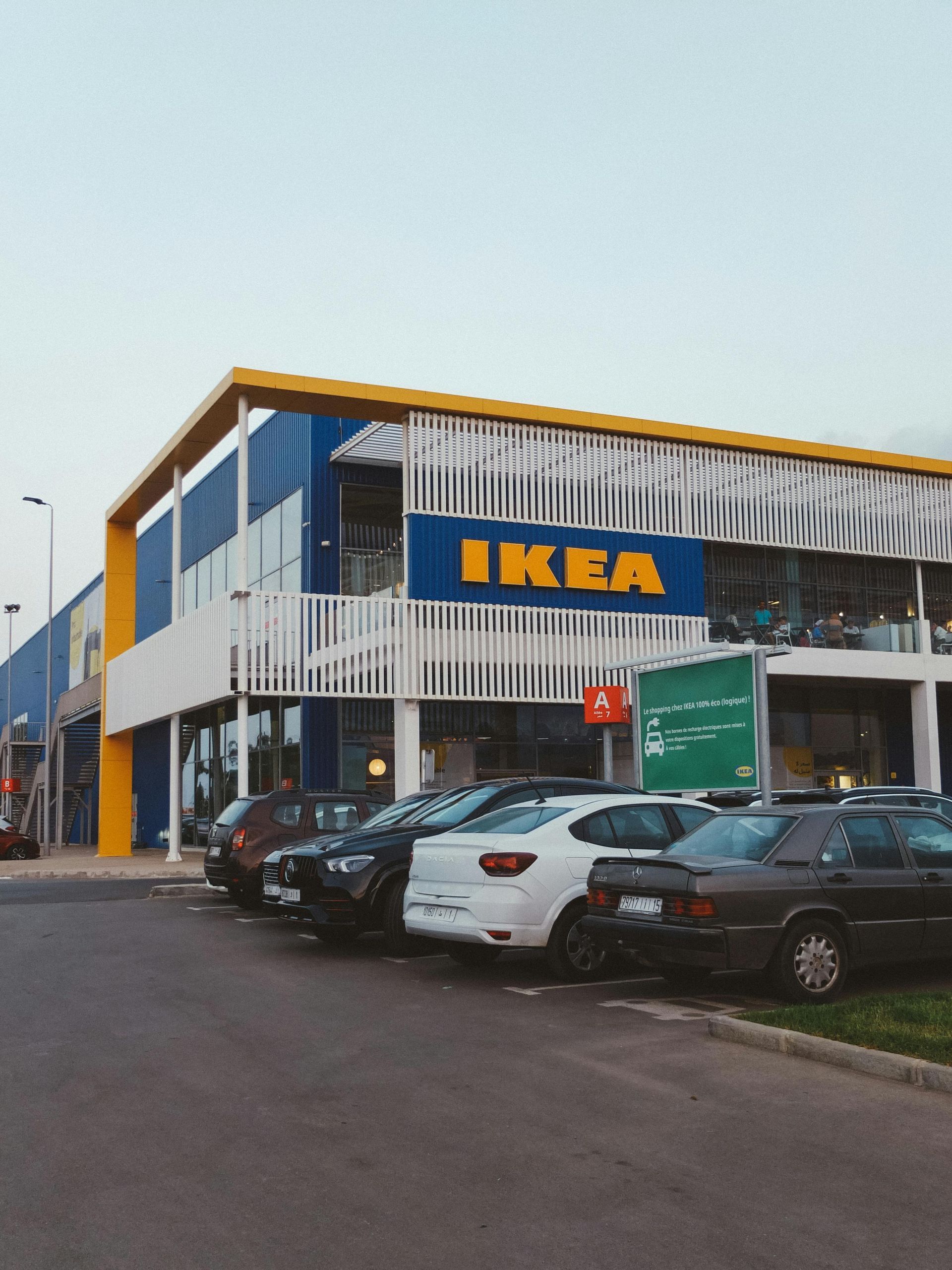 A blue building with the word ikea on it