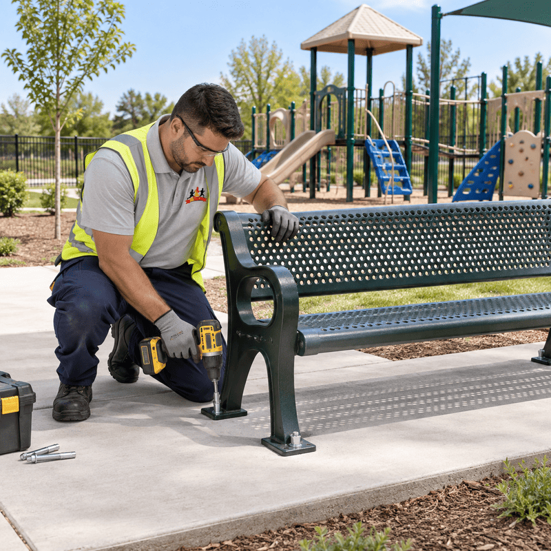 Worker installing a black metal park bench on a concrete path near a playground
