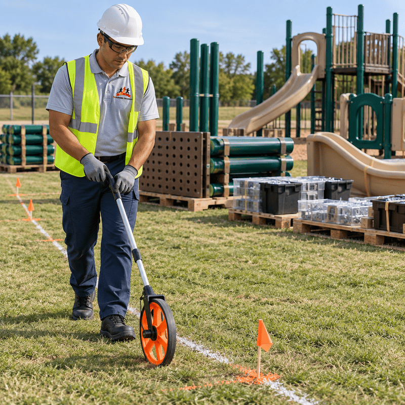 Worker in hard hat marking a playground area with a measuring wheel and orange cones.