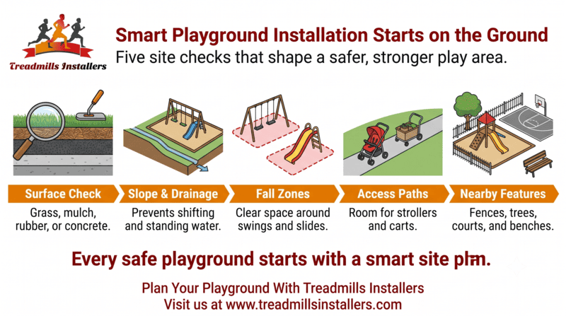 Infographic on playground safety checks: surface, slope, fall zones, access paths, and nearby features.