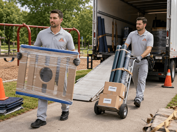 Two movers in gray uniforms transport wrapped furniture and boxes from a truck to a house.