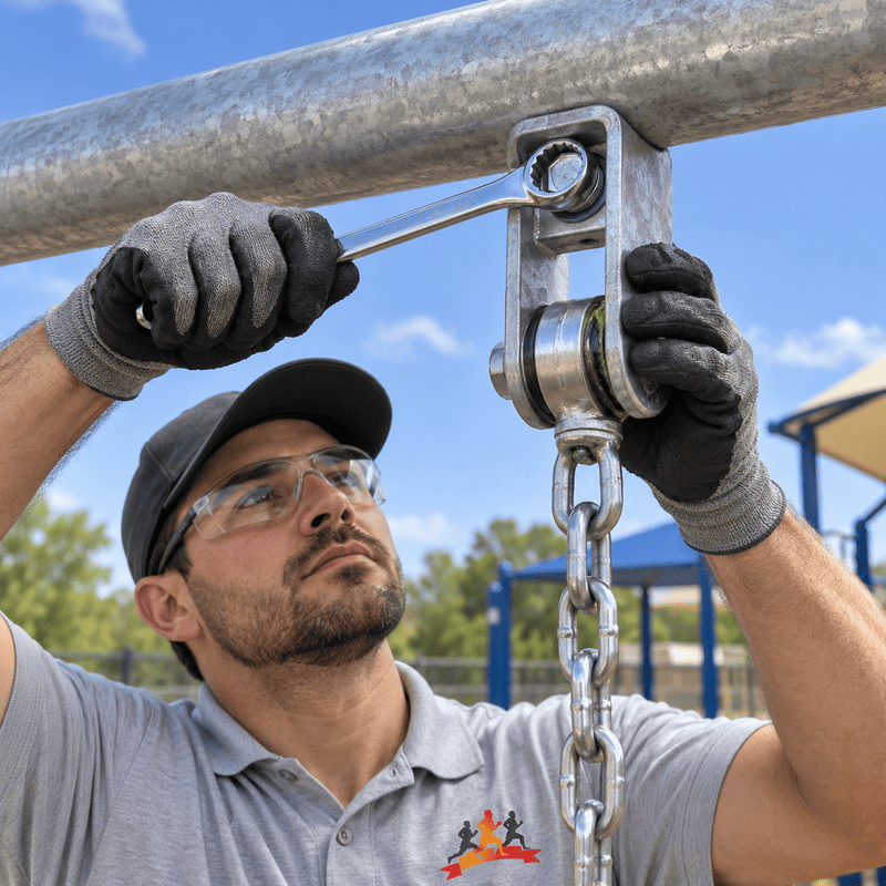 Worker adjusting a metal chain clamp on a steel beam outdoors with a wrench