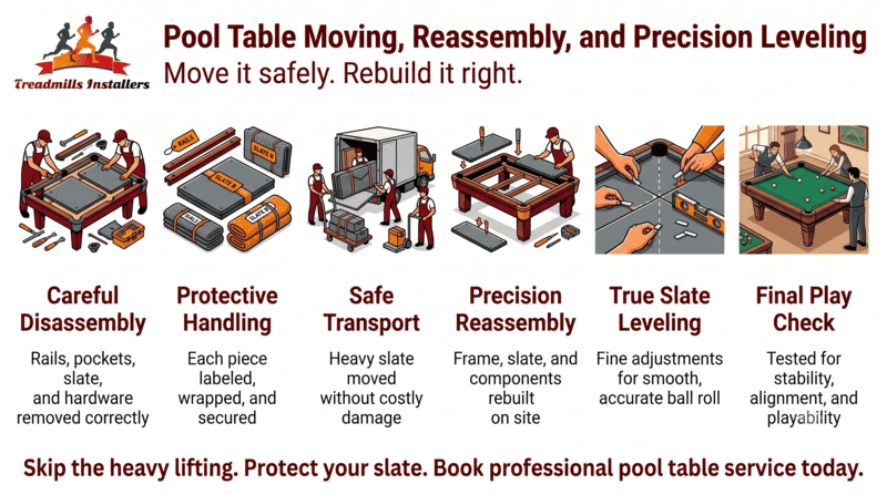 Pool table moving and precision leveling service ad with orange work scenes and process steps
