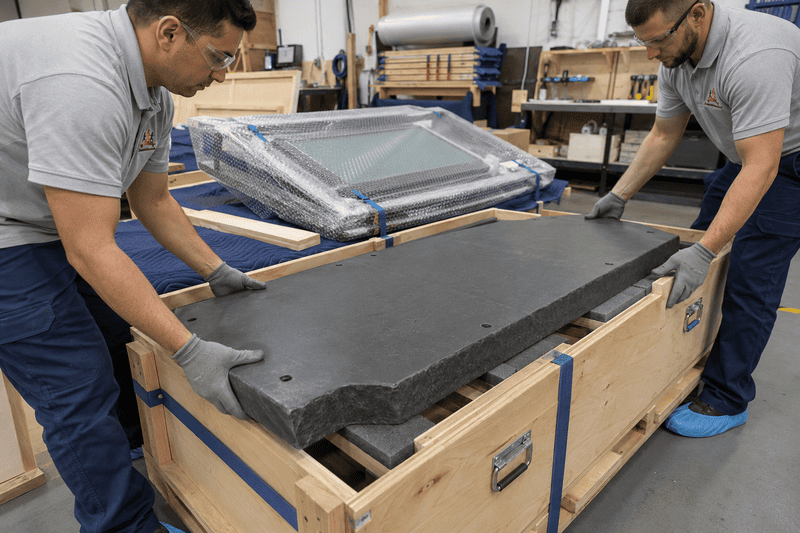 Two workers loading a large black foam panel into a wooden shipping crate in a workshop