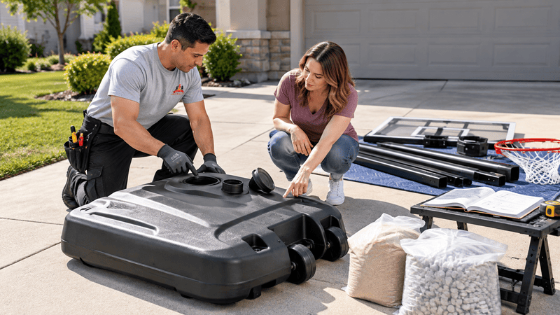 Technician and homeowner reviewing a portable basketball hoop base, fill opening, and wheel placement before assembly