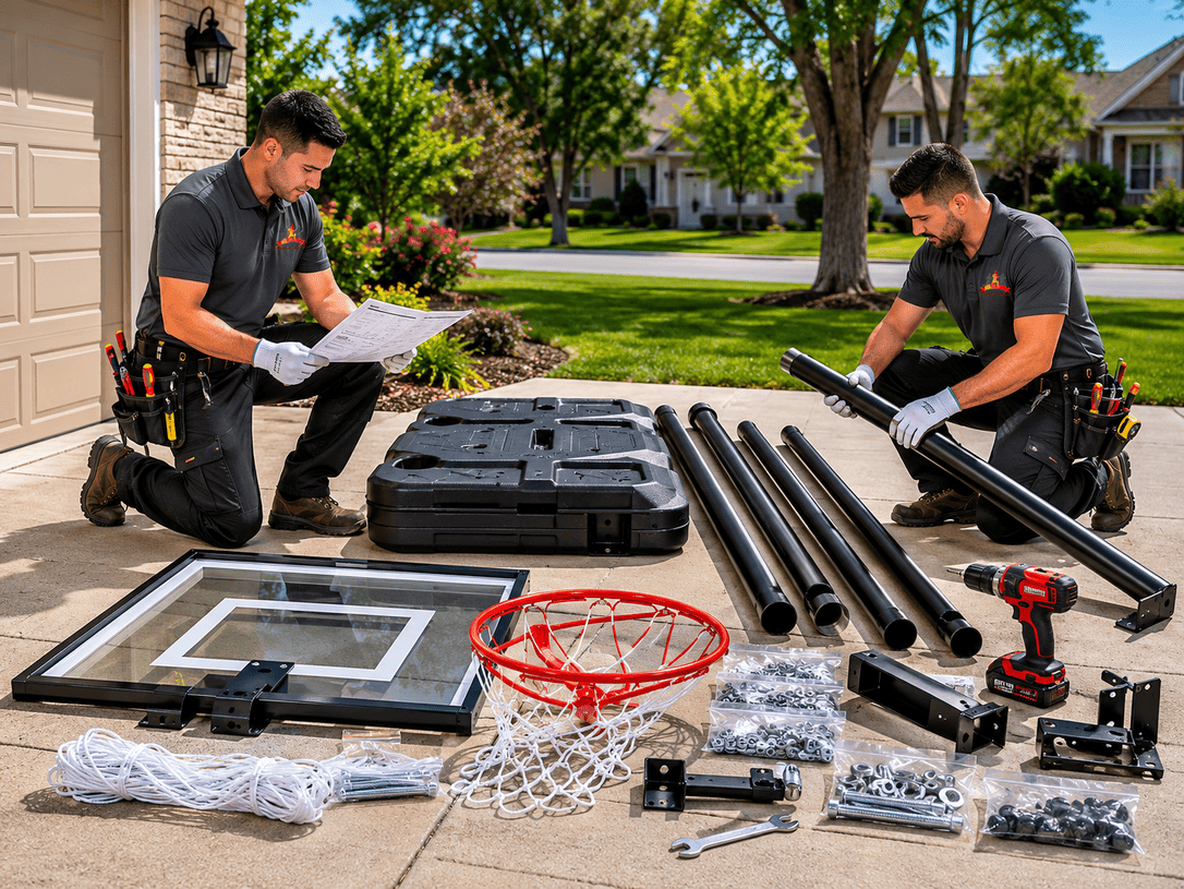 Two workers assembling a basketball hoop kit on a driveway with tools and parts spread out.