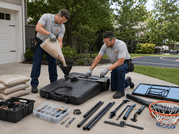 Two men assembling sports equipment on a driveway beside a garage, with parts laid out on the ground.