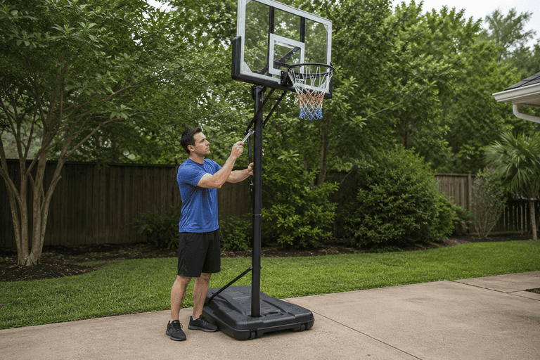 Man adjusting an outdoor basketball hoop in a driveway with a landscaped yard.