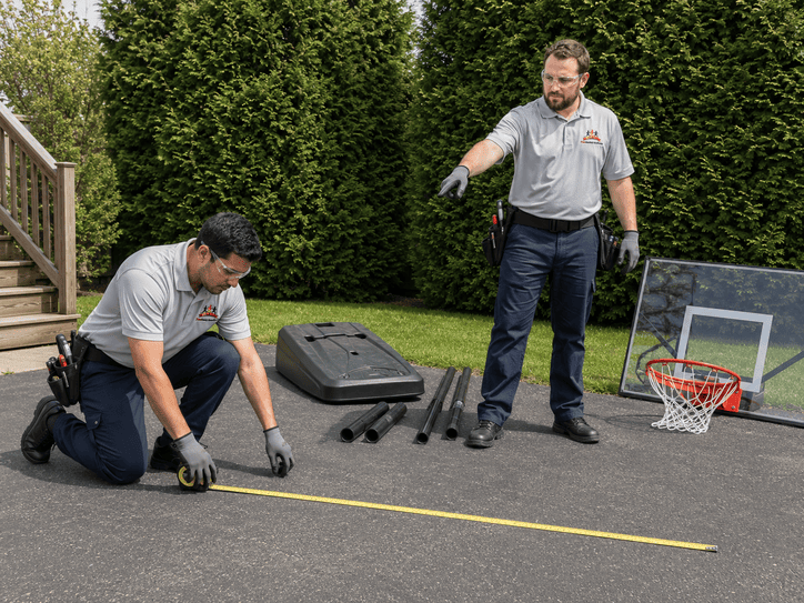 Two workers assembling a portable basketball hoop in a backyard, with tools and parts laid out on the grass.