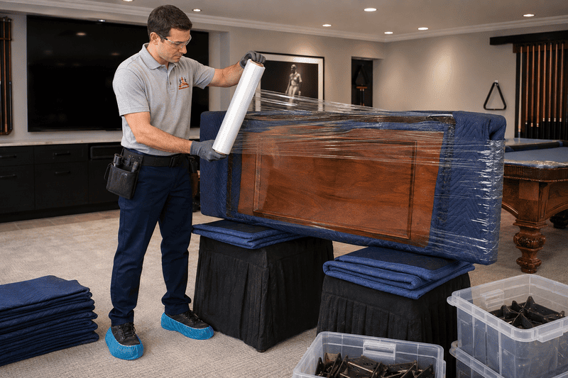 Man wrapping a large wooden table with plastic wrap in a living room, with moving boxes nearby