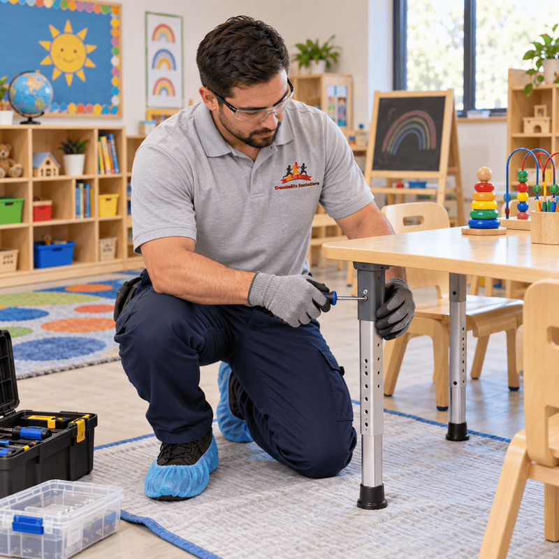 Technician kneels under a child-sized table in a colorful classroom, adjusting a leg with tools nearby