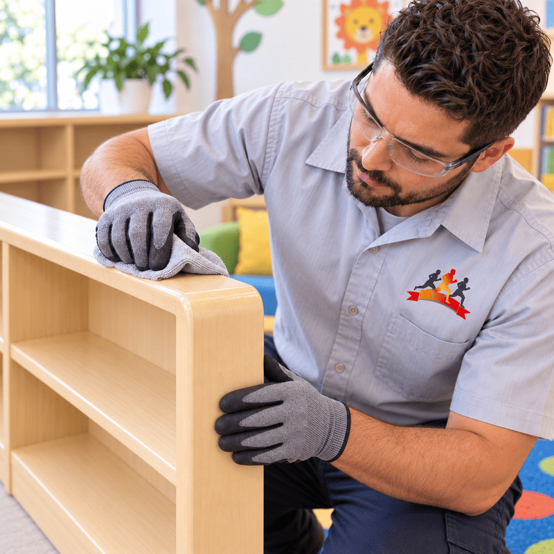 Worker in gray gloves assembling a light wood shelf in a bright room