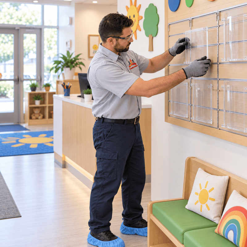 Staff member in gray shirt hanging clear wall pockets in a bright classroom reception area