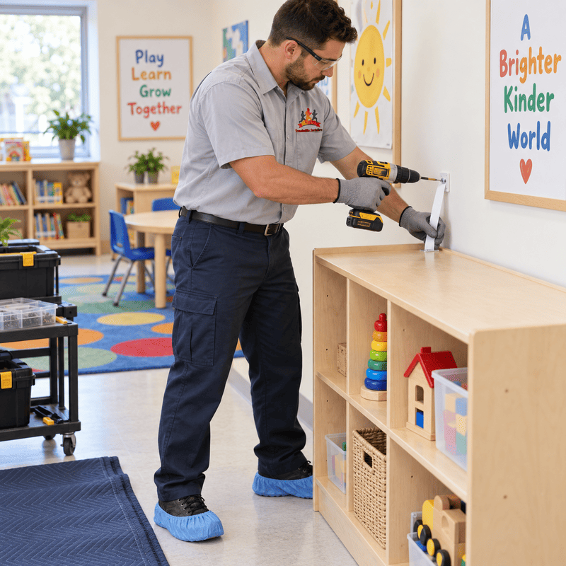 Man drilling a hole into a wooden cabinet in a colorful classroom or daycare room