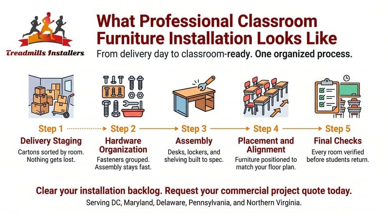Infographic about professional classroom furniture installation steps, from delivery staging to final check.