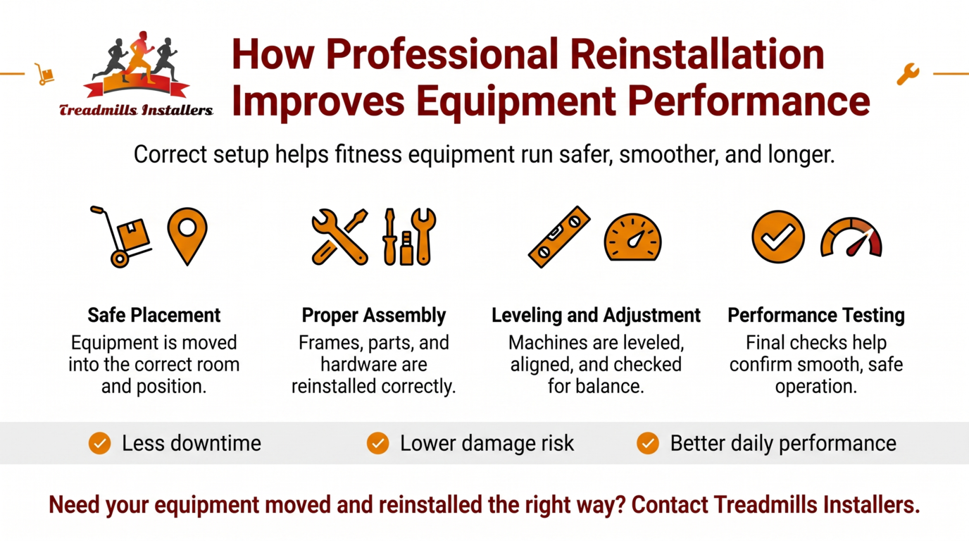 Infographic on professional reinstalling that improves equipment performance, with repair and adjustment steps.