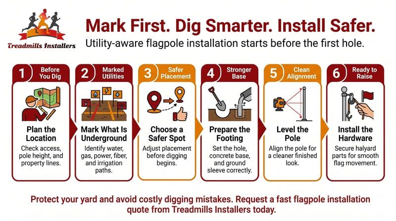 Safety infographic: “Mark First. Dig Smarter. Install Safer.” with six trench safety steps and red numbered icons