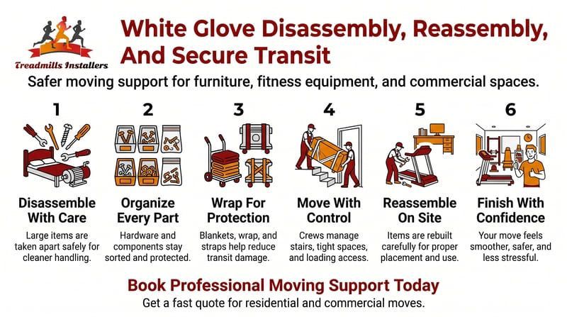 White Glove Disassembly, Reassembly, and Secure Transit moving service infographic with five steps.