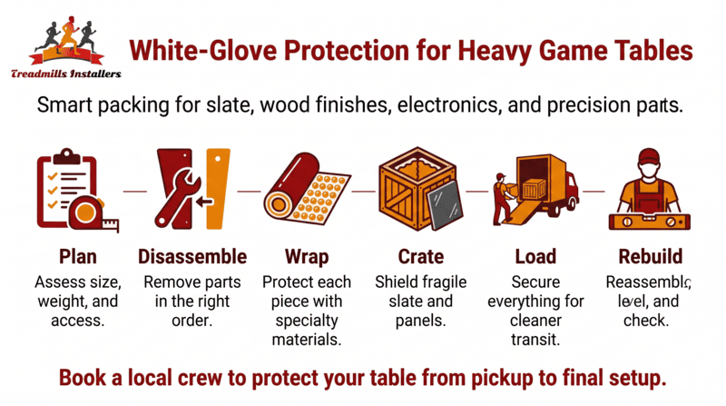 White-glove protection for heavy game tables; six-step packing, load, rebuild service infographic.