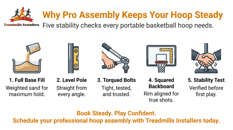 Orange promo graphic explaining 5 stability checks for a portable basketball hoop, with a hoop and numbered parts.