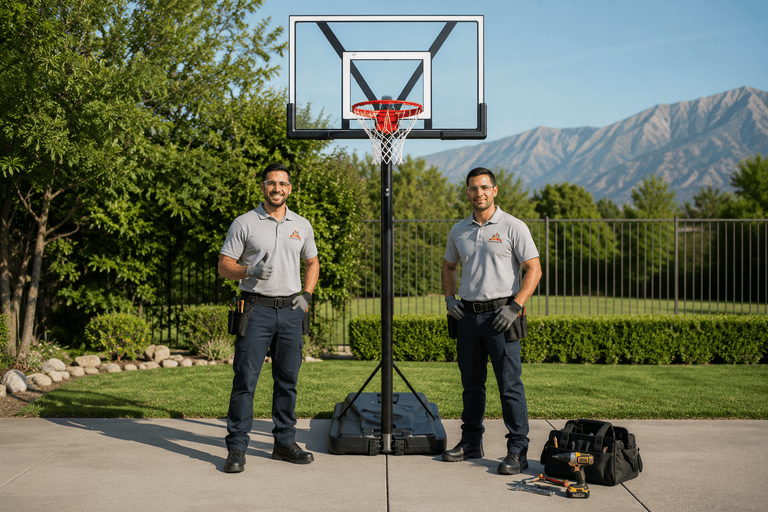 Two men standing beside a portable basketball hoop on a driveway, with mountains and trees in the background