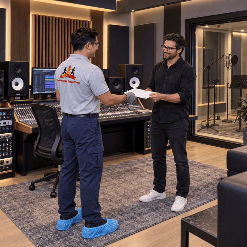 Two men in a recording studio, one handing papers to the other near mixing equipment.