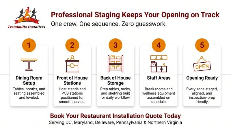 Infographic on restaurant staging: five-step home prep plan with icons and “Book your quote today” text.