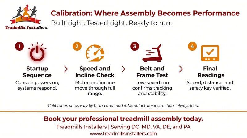 Infographic of treadmill calibration steps: startup sequence, speed and incline check, belt/frame test, final readings.
