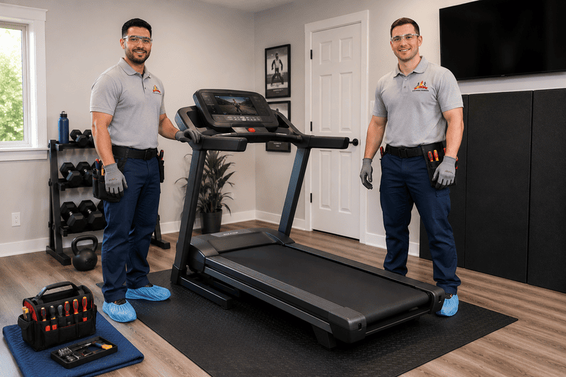 Two men in a home gym standing beside a treadmill and exercise equipment