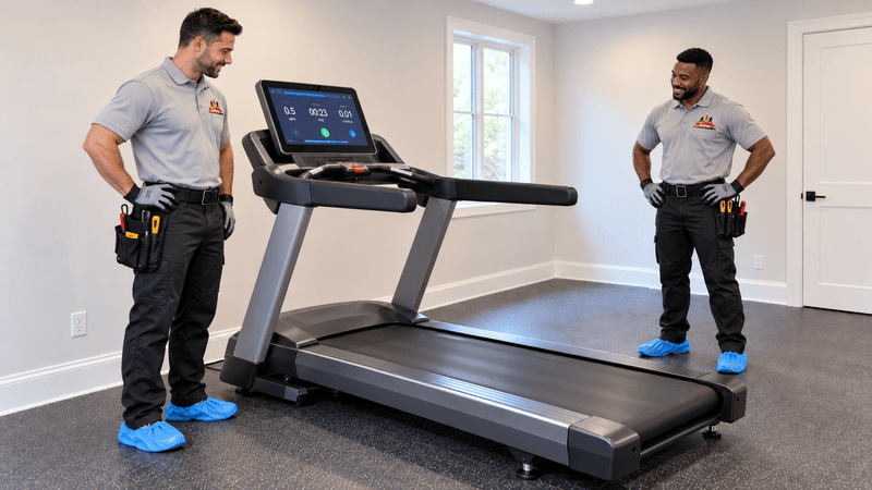 Treadmills Installers technicians performing a final operational check on an assembled treadmill