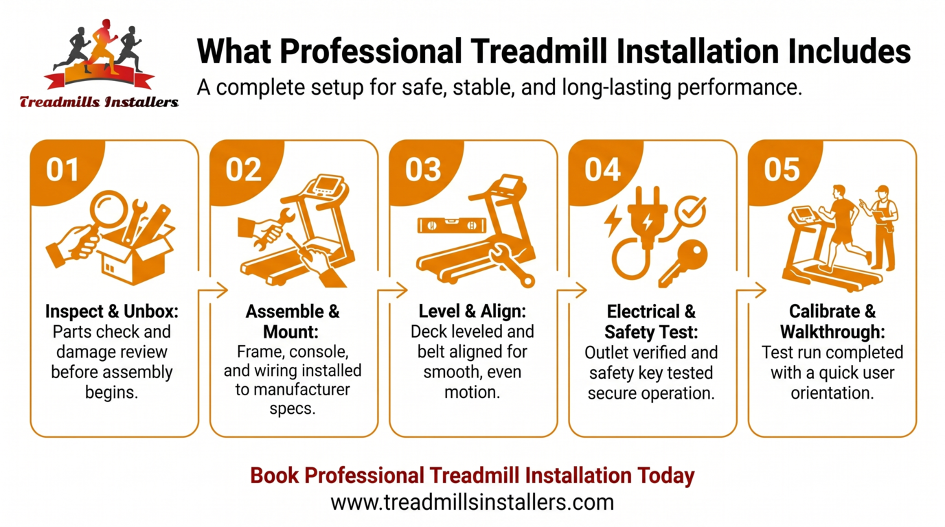 Infographic on professional treadmill installation, showing 5 orange steps from unpacking to final setup.