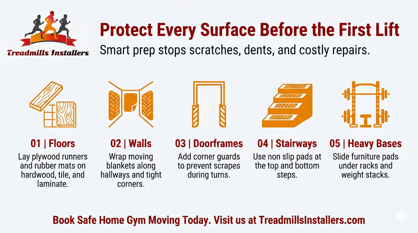 Promotional flyer about protecting surfaces before a move, with icons for floors, walls, doors, stairways and heavy boxes