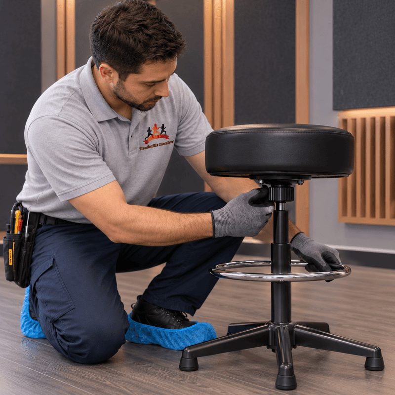Technician kneels beside a black stool, adjusting its chrome base on a workshop floor.