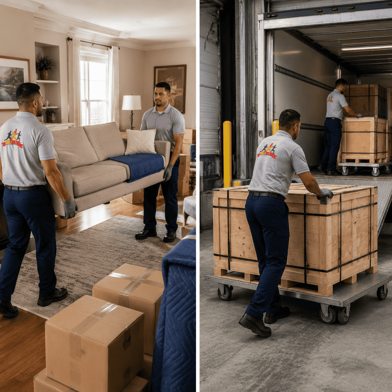 Movers loading boxed furniture into a truck from a living room
