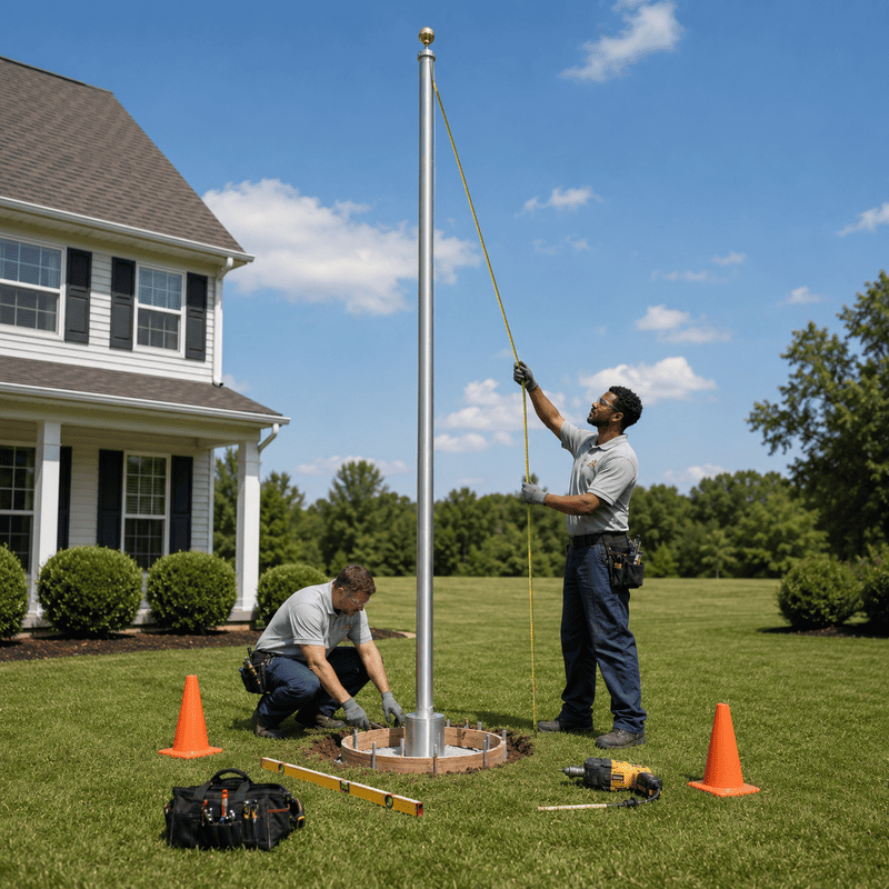 Three American flags on poles outside suburban, modern, and brick campus buildings under a clear blue sky