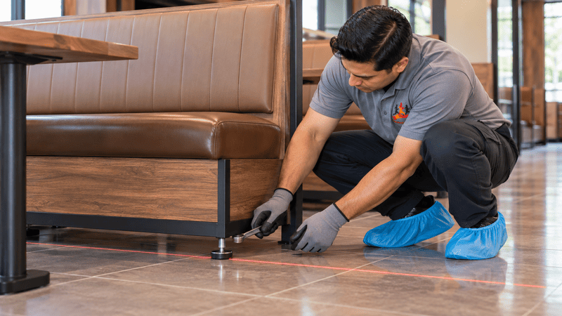 Technician in gray uniform and blue shoe covers cleaning under a restaurant booth