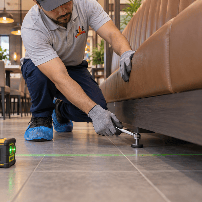 Technician leveling a brown sofa on tile floor with a laser level and tool in a showroom