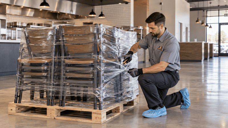 Worker crouches beside wrapped pallet of stacked chairs in a warehouse, inspecting plastic wrapping.