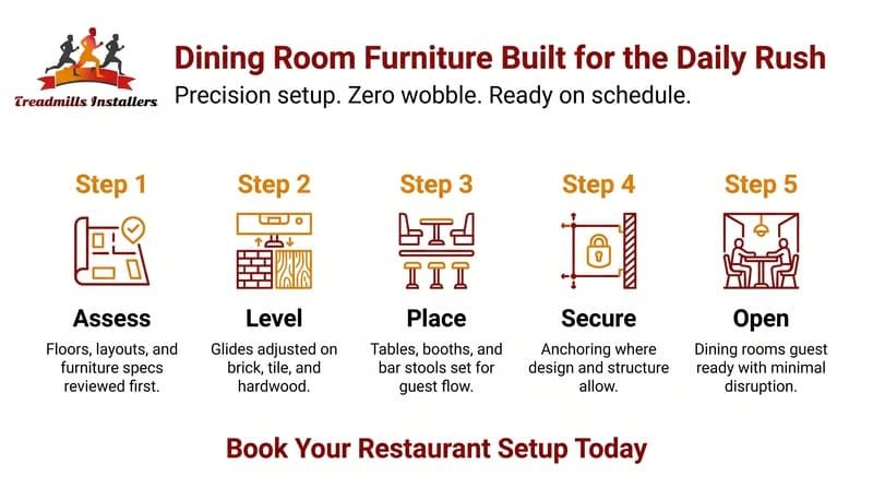 Dining room furniture ad with 5-step setup process and “Book Your Restaurant Setup Today” call to action