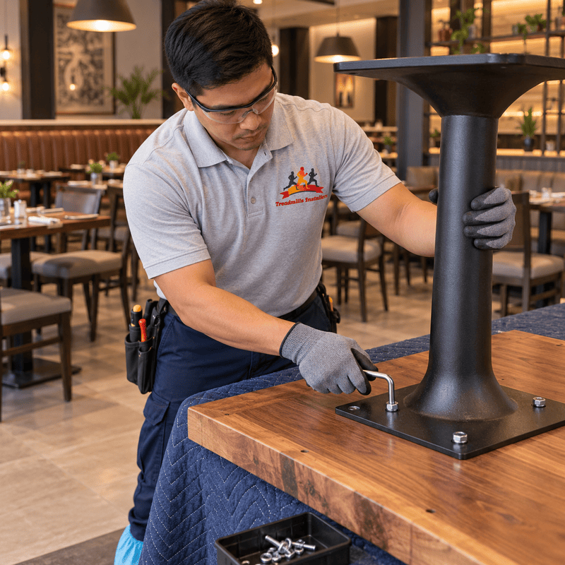 Technician assembling a black table base in a restaurant dining area