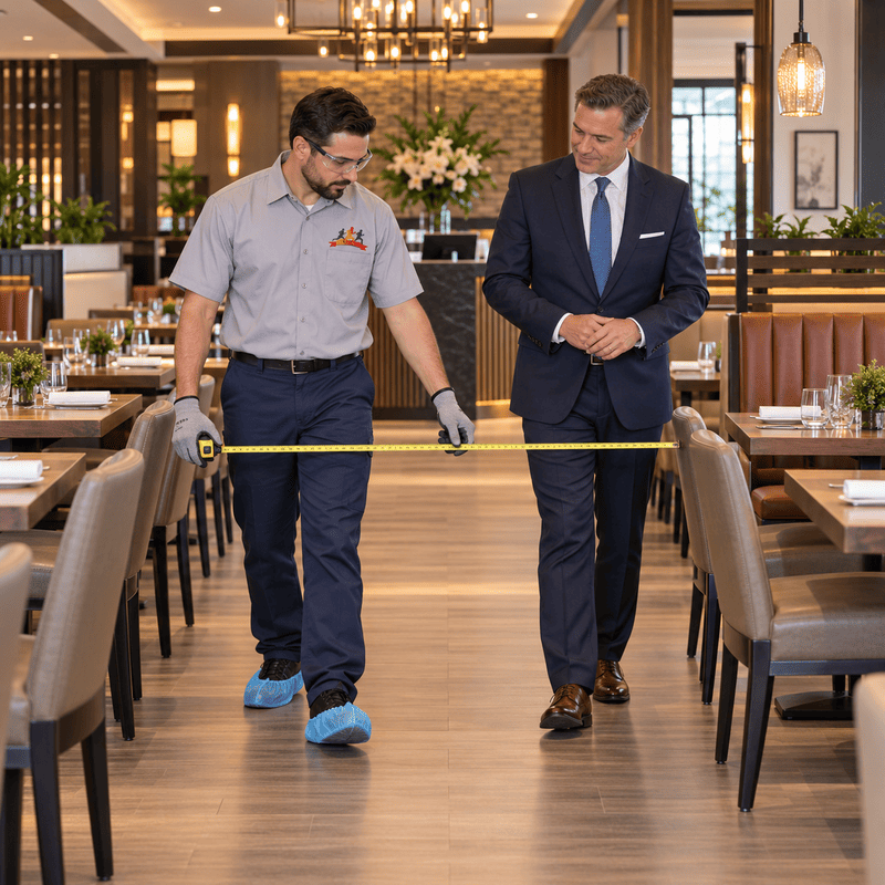 Two men in a restaurant aisle measure width with a tape measure between tables and chairs