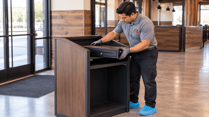 Man in gray uniform arranging items at a wooden podium in a lobby