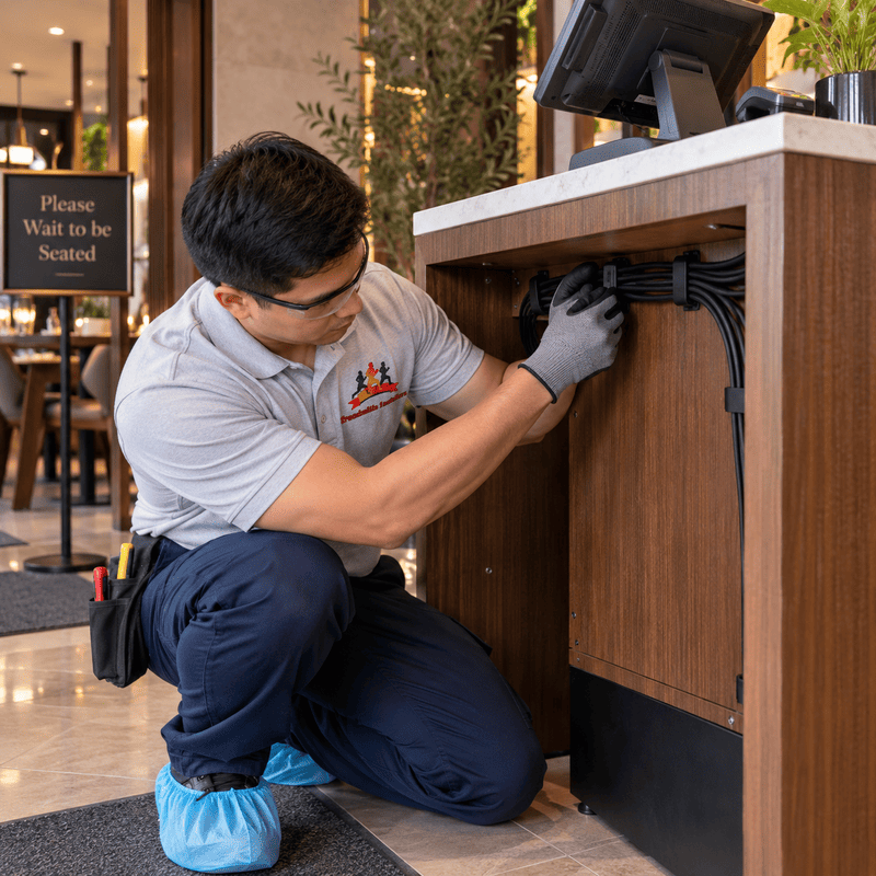 Technician kneels to adjust cables under a wooden desk in a lobby area with a 