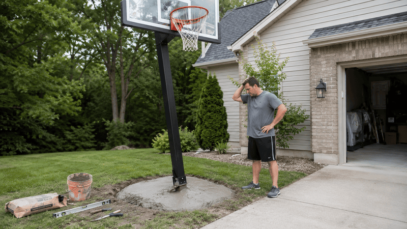 Man standing beside a driveway basketball hoop next to an open garage and a suburban house.